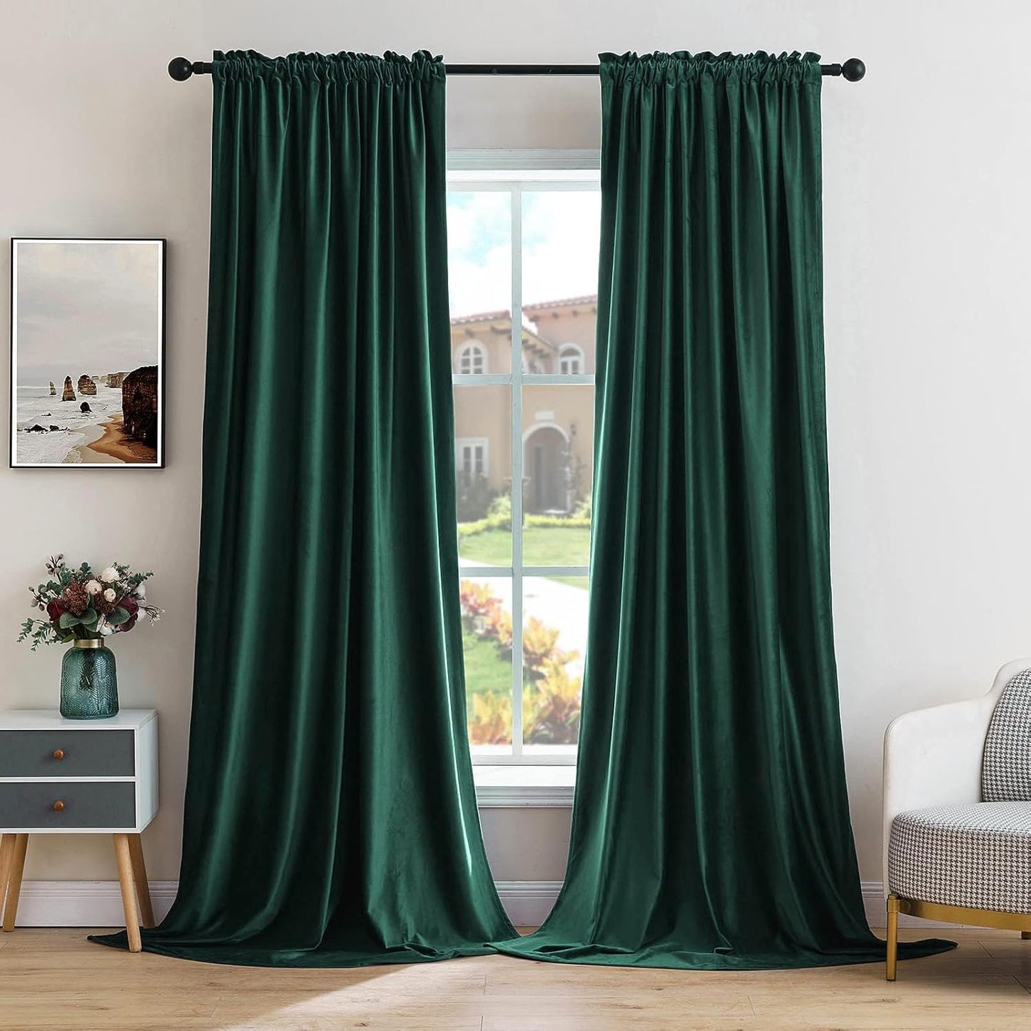 MIULEE Dark Green Velvet Curtains Thermal Insulated Blackout Curtain Christmas Emerald Green Drapes for Bedroom Living Room Darkening 96 Inches Long Curtains Panels Rod Pocket Set of 2