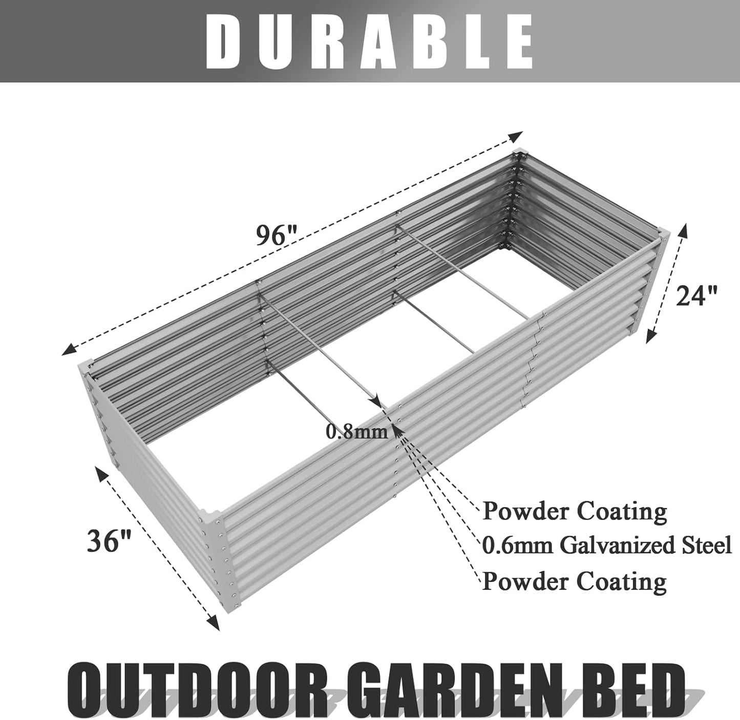1 Pack 8x3x2FT Galvanized Raised Garden Bed Kit Retangular Metal Ground Planter Box Outdoor Bottomless Planter Raised Beds for Vegetables Flowers Herbs Fruits, Gray