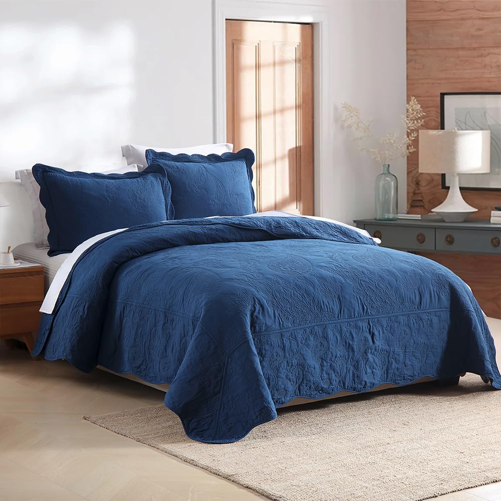 Cotton Bedspread Quilt Sets, Real Patchwork Bedding Sets with Luxury Floral Paisley Pattern, 3 Pieces Reversible Soft Lightweight Coverlet for All Season, Navy Blue, King Size