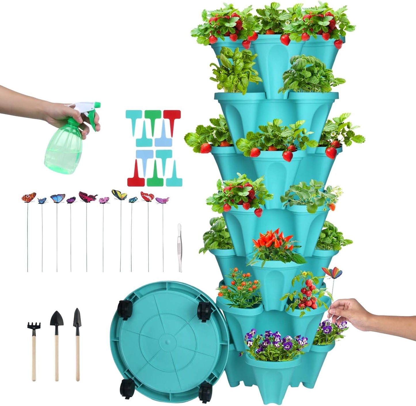 DUNCHATY Stackable Vertical Garden Planter with Tool Set, Self Watering 7 Tier Herb Planter for Indoor/Outdoor Growing, Teal