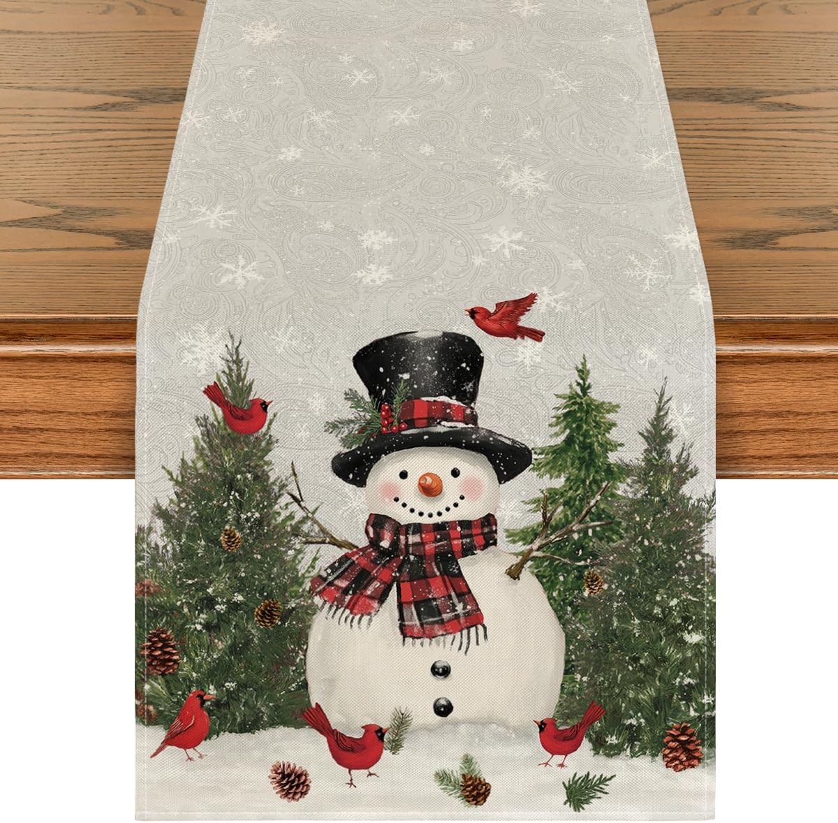 Artoid Mode Snowman Birds Trees Christmas Table Runner, Seasonal Silver Winter Holiday Kitchen Dining Table Decoration for Home Party Decor 13 x 108 Inch