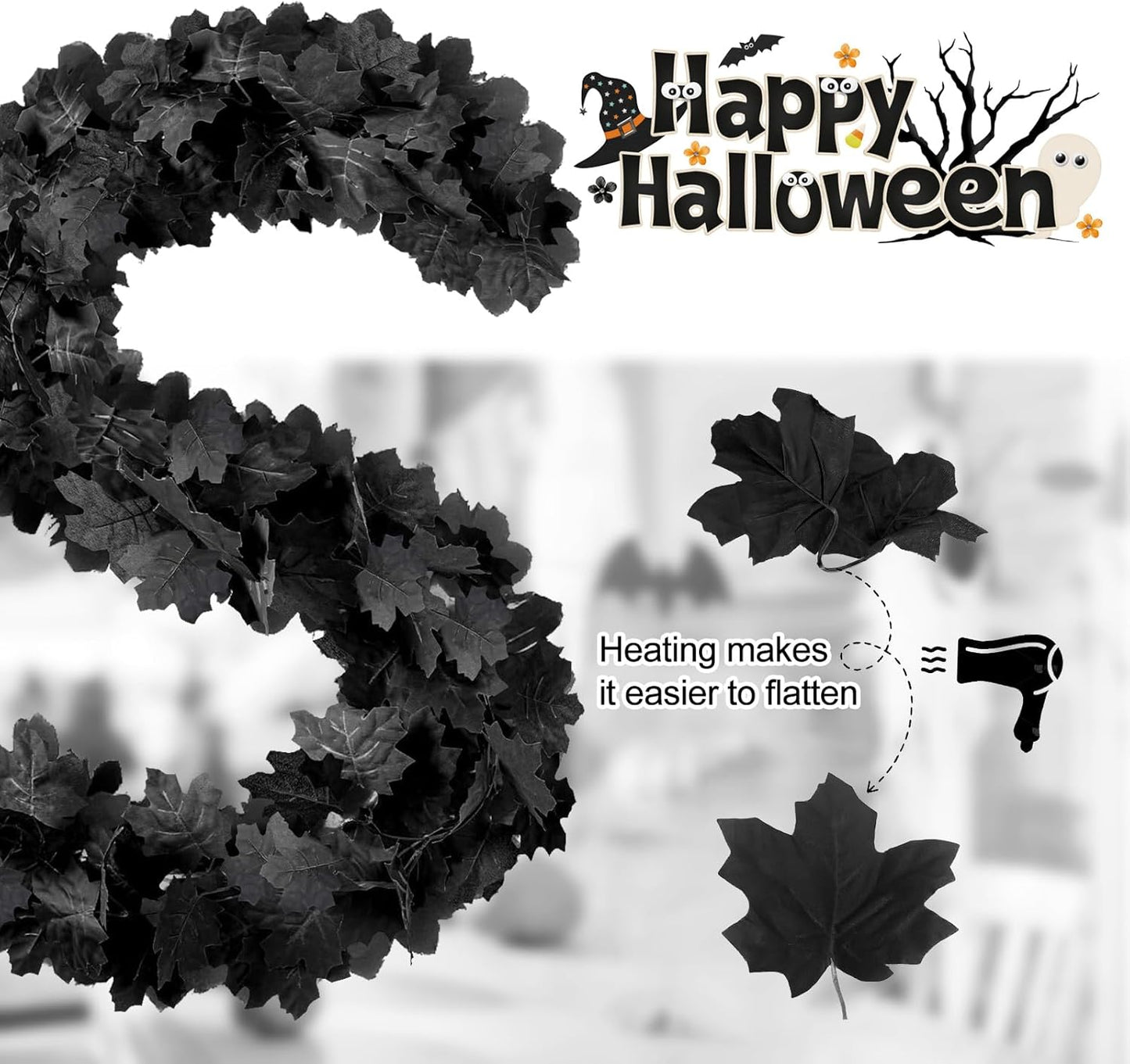 Joyhalo 8 Pack 5.7FT Black Maple Leaf Garland,Halloween Artificial Hanging Black Vines,Halloween Outdoor Garland for Mantle,Door Frame,Fireplace and Thanksgiving Decor