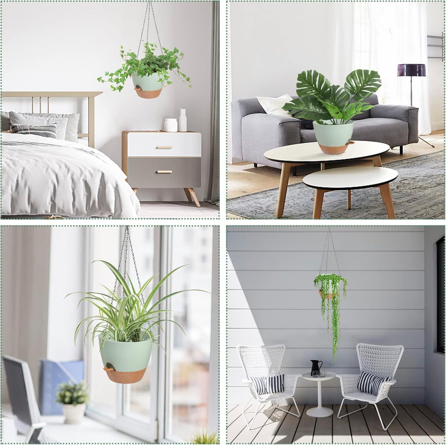 Hanging Planters for Indoor Outdoor Plants, 2 Pack Self Watering Hanging Pot with Drainage Holes & Removable Tray (Green, 8'')