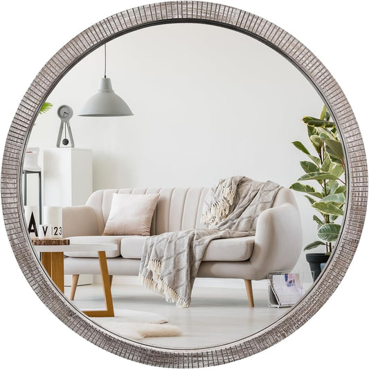 30" Round Wood Mirror, Large Round Mirror with Beveled, Wood Round Mirrors for Wall Decor, Rustic Circle Wall Mirrors for Entryway, Living Room, White Washed Frame