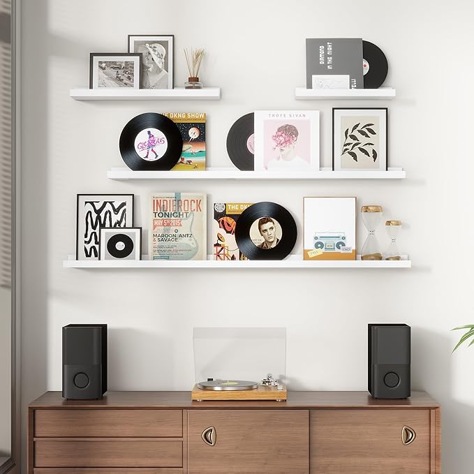 Picture Ledge Shelf for Wall, 48 inches Solid Pine Wood Nursery Book Shelves 3 Pack, Floating Ledge Shelves for Kids' Room, Bedroom, Bathroom Long Floating Shelves for Wall, White