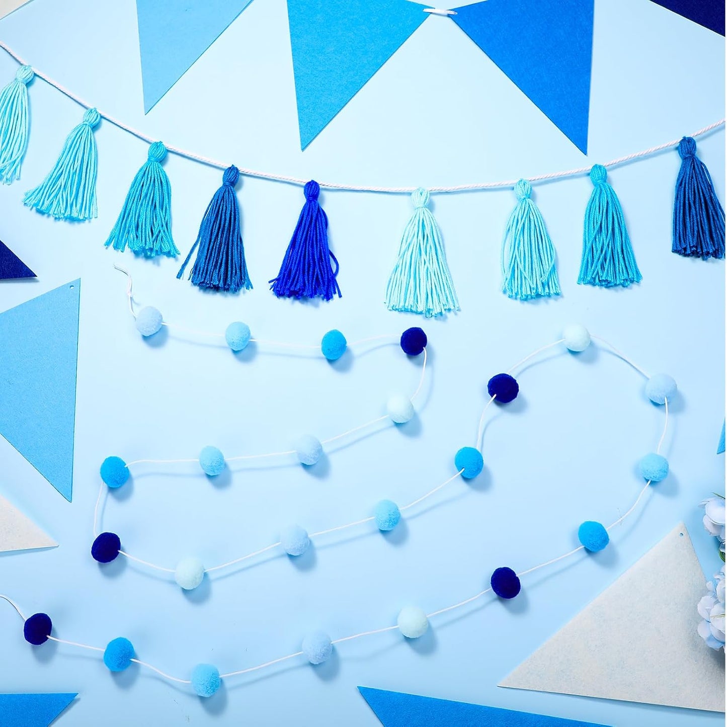Irenare 9.8 ft Pom Pom Garland Felt Colorful Tassel Banner Christmas Party Pompoms Garland Decorations Felt Pennant Banner for Classroom Home Mantel Fireplace Birthday(Blue)