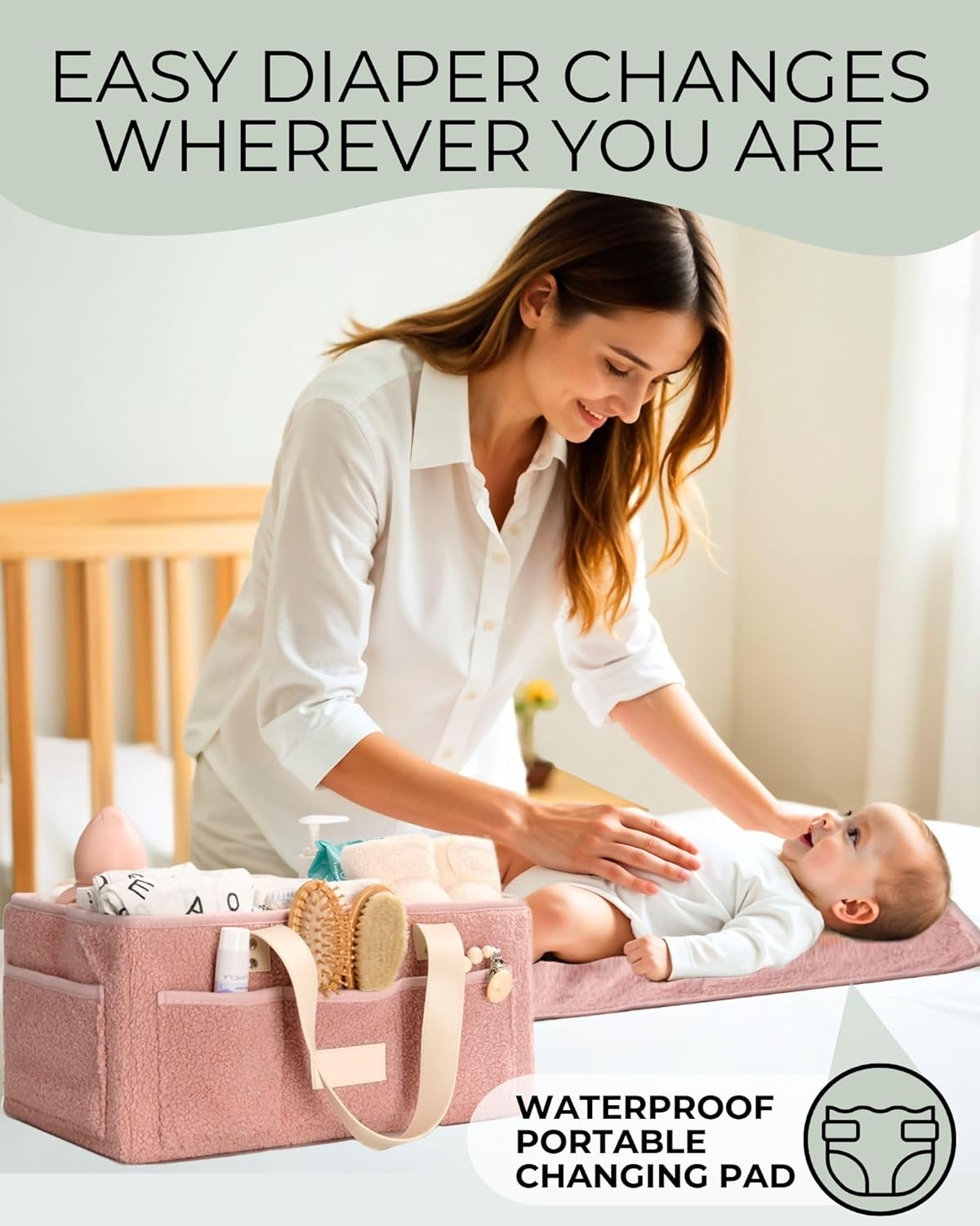 Baby Diaper Caddy Organizer with Portable Changing Mat - Teddy Fleece Diaper Organizer for Changing Table - Basket for Changing Essentials - Baby Essentials Organizer with Removable Dividers