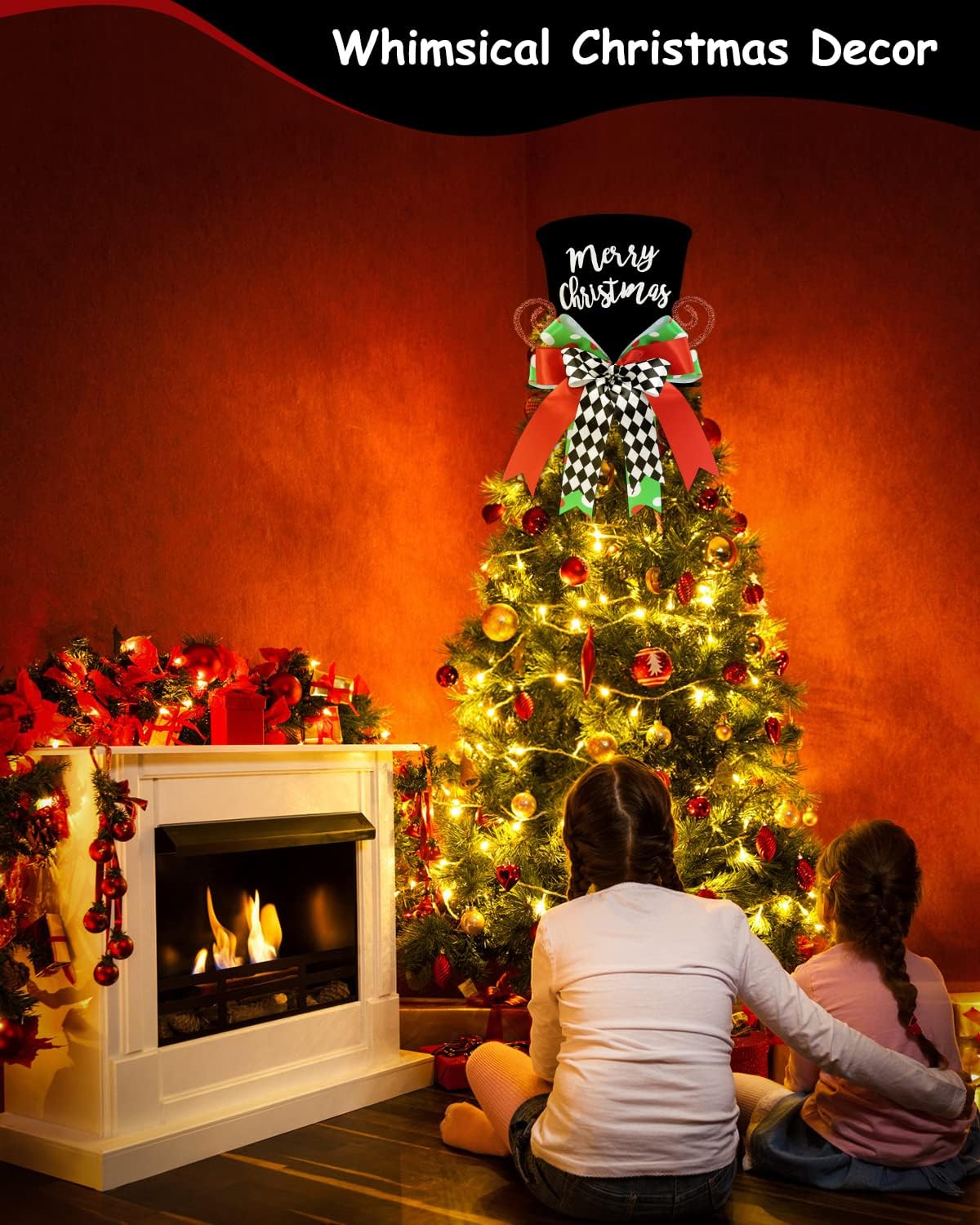 Merry Christmas Tree Topper Whimsical Top Hat with Check Bows Xmas Tree Ornament Winter Holidays Home Decoration Wreath Attachment Festive Gift Ideas Supplies