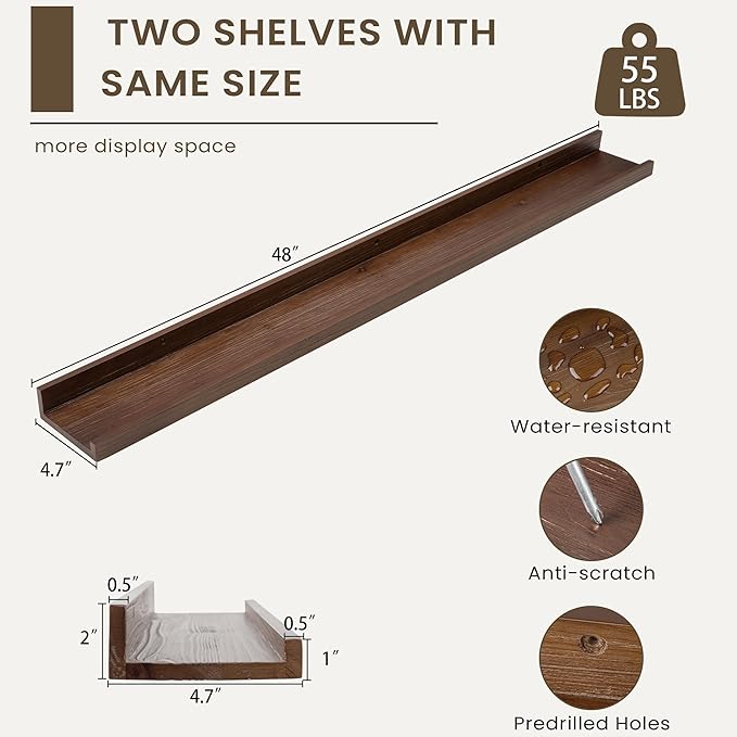 Floating Shelves for Wall, Picture Ledge Shelf 48 Inch Solid Wood Set of 2, Rustic Wall Shelves with Lip, Kids Bookshelf, Photo & Picture Live Edge Floating Shelves for Bedroom, Living Room, Kitchen