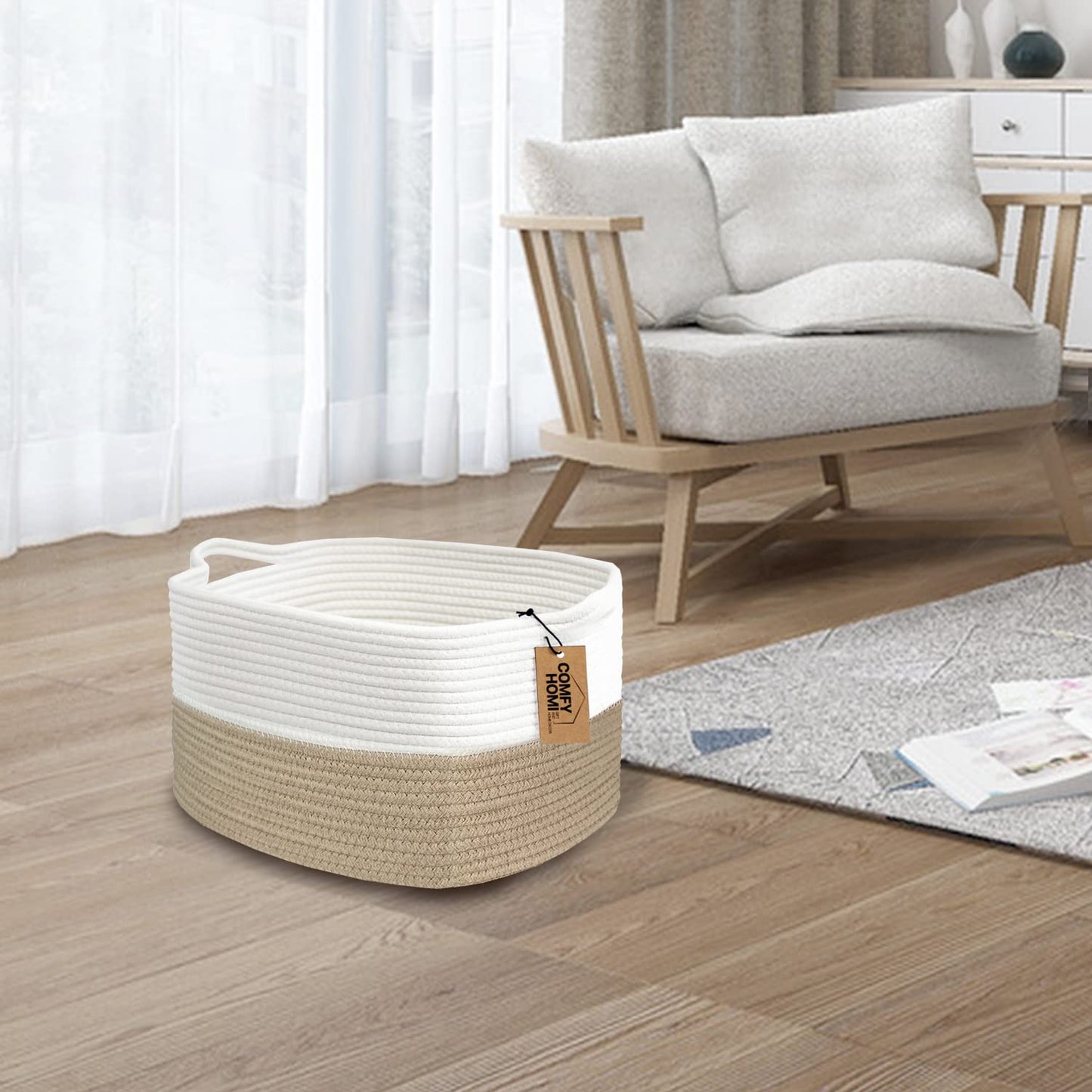 COMFY-HOMI Cotton Rope Woven Basket with Handles for Shelves,Toys,Book, Cloth Storage Baskets Bin for Organizing-13.5"x11"x9.5" Toy Decorative Organizer for Living Room, Bathroom-Light Brown