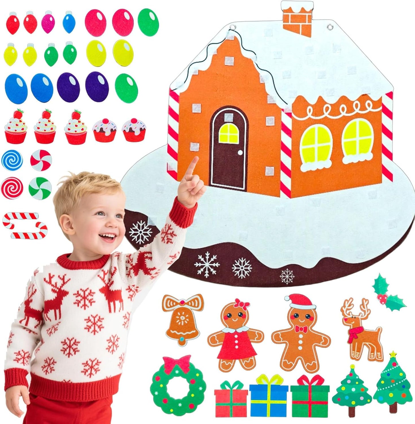 Felt Gingerbread House with Detachable Felt Christmas Ornaments, Festive Gingerbread Man Woman Story Board for Wall, DIY Montessori Activities for Little One Craft Kit Xmas Decor Party Favor