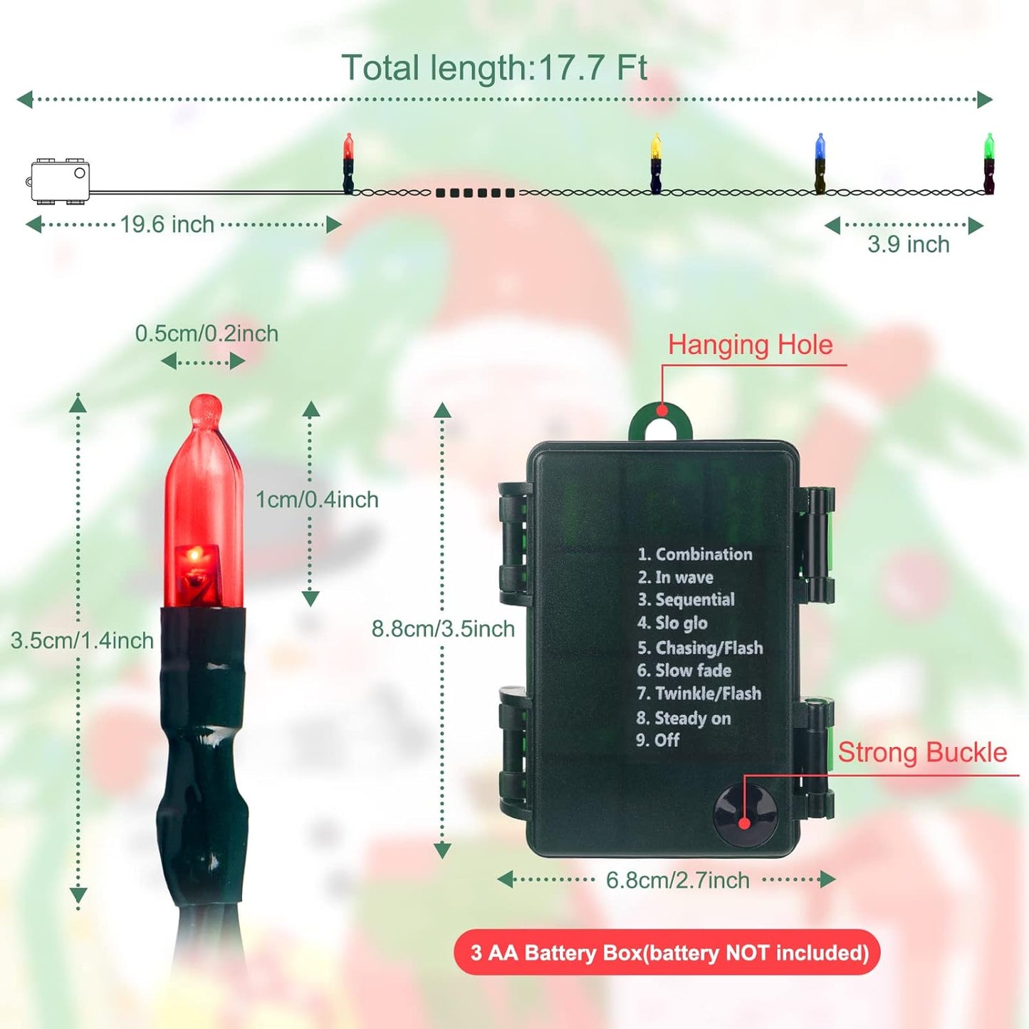 2Pack 50 LED Battery Operated Christmas Lights 17.7 FT, Multicolor Waterproof Mini String Lights with 8 Lighting Modes,Timer, Remote Control, for Tree, Christmas Decoration, Outdoor, Indoor