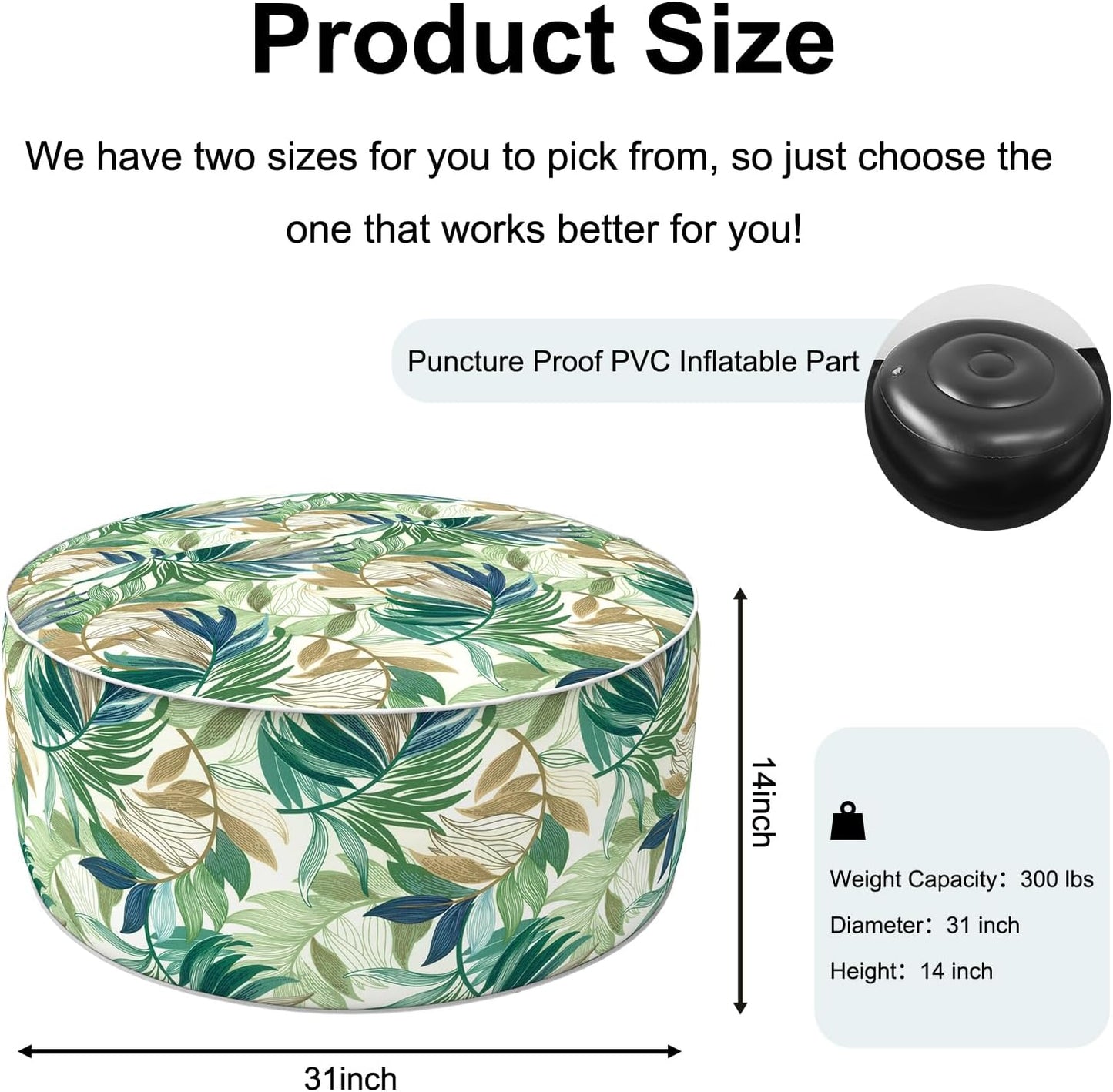 Inflatable Ottoman Stool D31 xH14 for Outdoor/Indoor Use, Water Repellent Patio Foot Rest Stool with Portable Handle,Round Pouf Ottoman Suitable for Garden,Deck and Camping - Lush Leaf Green