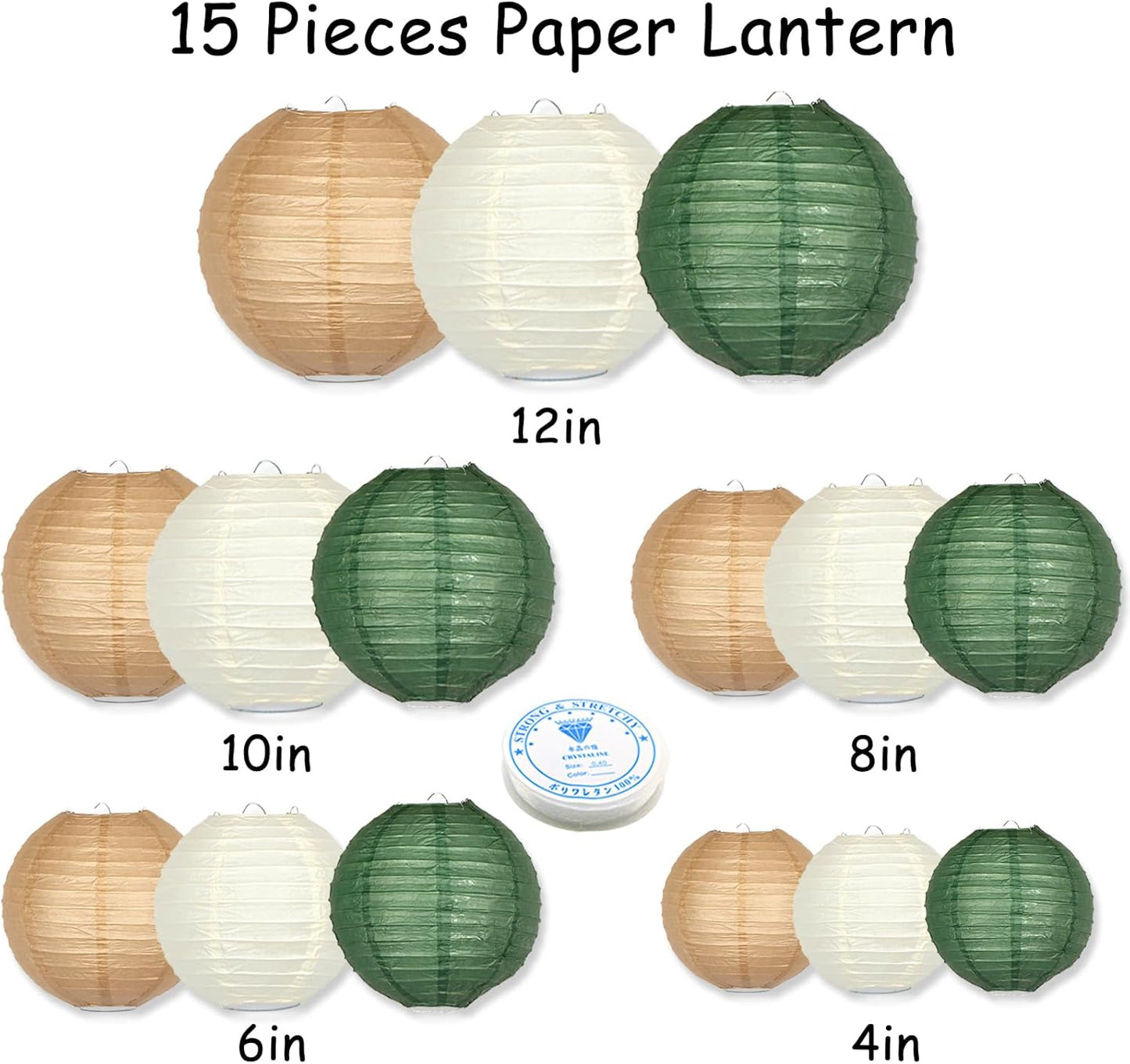 Green Round Chinese Paper Lanterns Decorative 15pcs Hanging Paper Lantern for Rustic Wedding Jungle Wonderland Themed Birthday Party Baby Shower