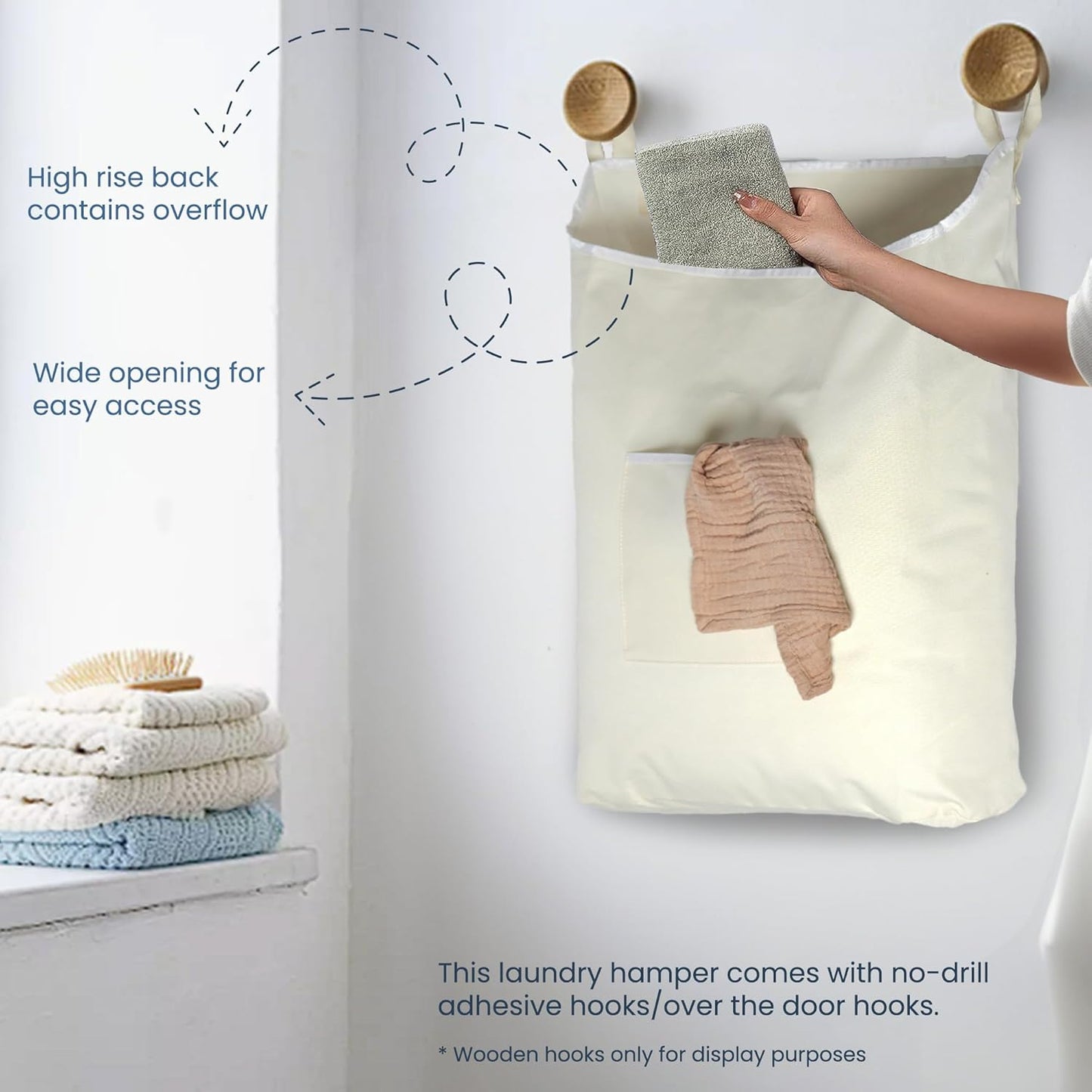 The Fine Living Co. Hanging Laundry Hamper with Over Door Hooks & Adhesive, Durable Space Saving Laundry Bag with Zipper and Wide Open Top, Hanging Dorm Laundry Hamper 18"x4.75"x28" (Beige-L)