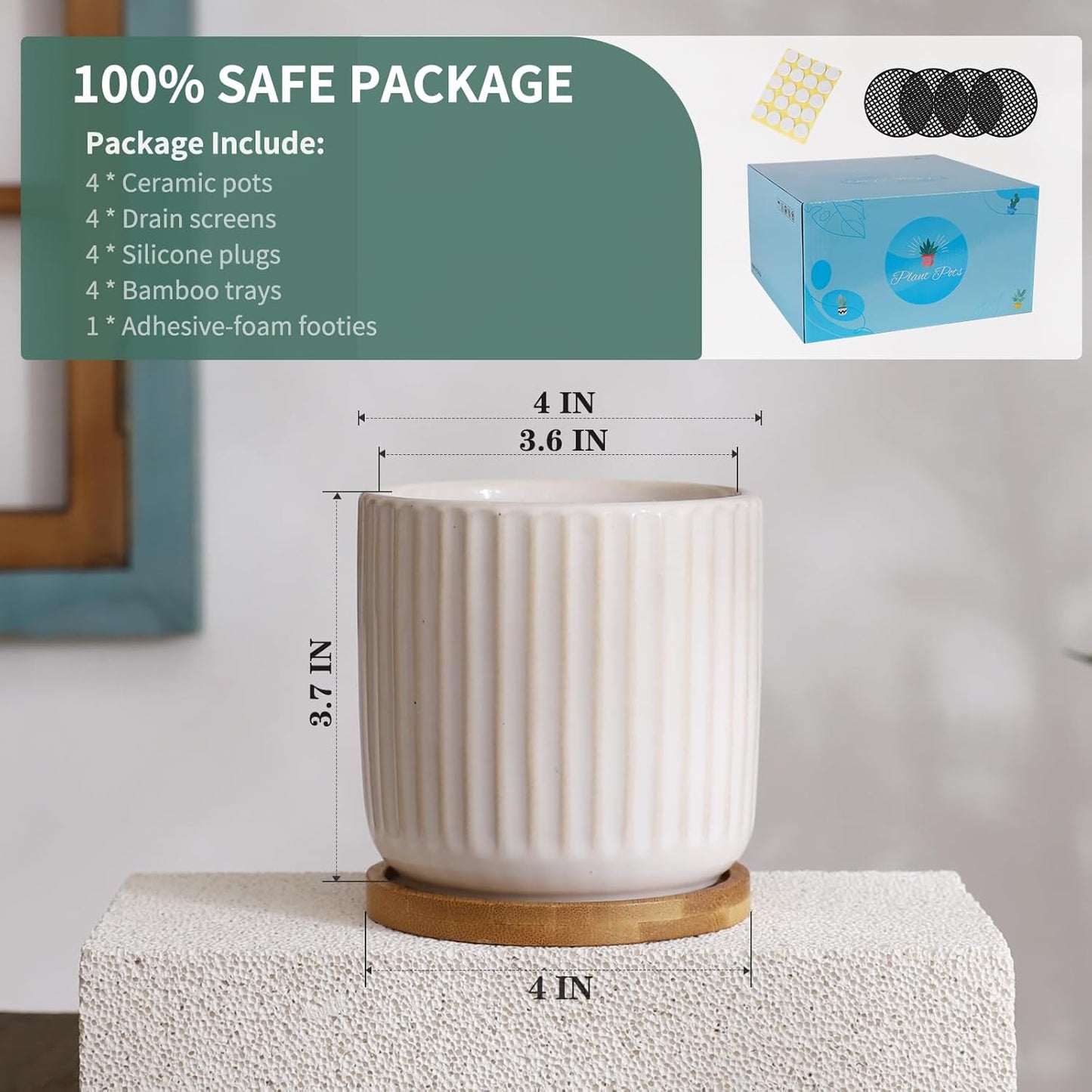 TAMAYKIM 4 Inch Ceramic Plant Pots with Drainage Holes, Modern Flower Planter with Saucer for Indoor Plants, Succulent, Cactus & Herbs, White, Set of 4 (Plants Not Included)