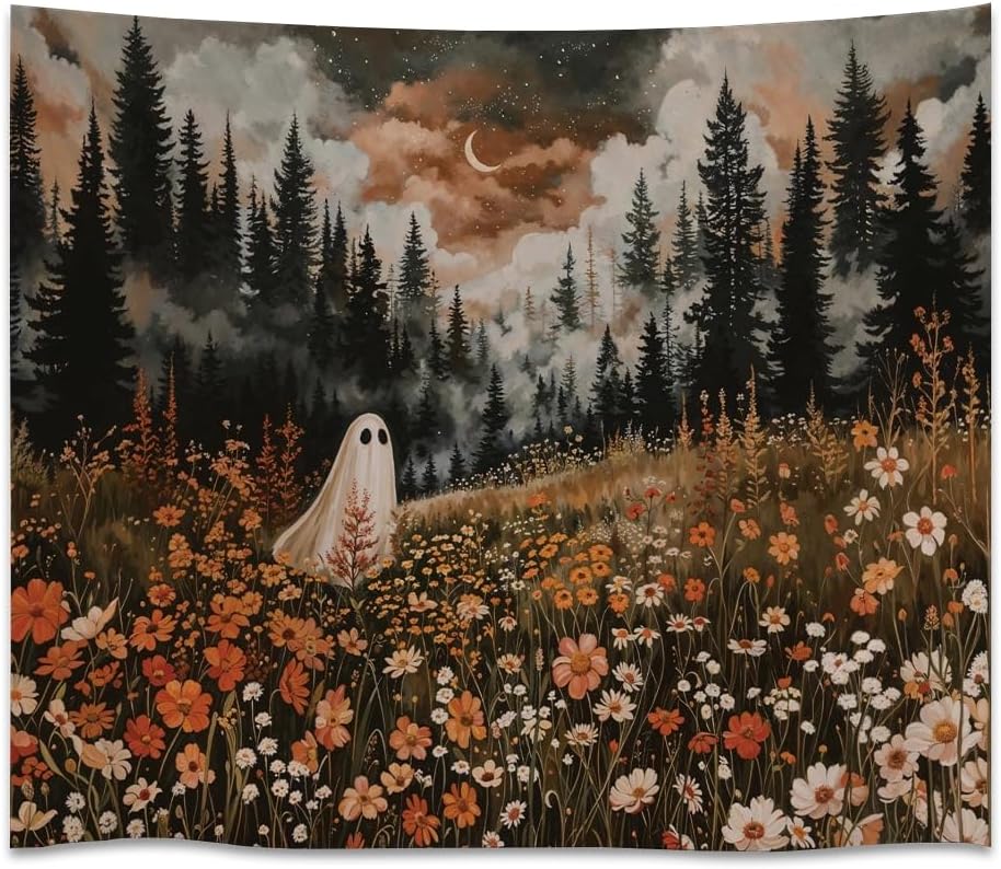 Spooky Fall Forest Art Halloween Tapestry Wall Hanging Cute and Funny Forest Flower Ghost Tapestry for Bedroom Whimsical Dark Academia Aesthetic Tapestries for Home Living Room Decor 50x60inch