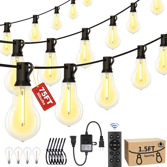 75FT Outdoor String Lights Waterproof with 50+4 Bulbs (1.5FT Bulbs Spacing), Remote & Dimmer, Commercial Patio String Lights with 3 Mode Light & Timing, 100PC Mounting Ties for Outside