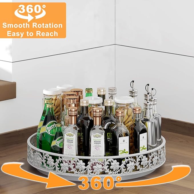 Lazy Susan Turntable Organizer, 13 inch Large Rotating Spice Rack Lazy Susan for Dining Table Top Cabinet Countertop Pantry Kitchen Cupboard Bathroom White