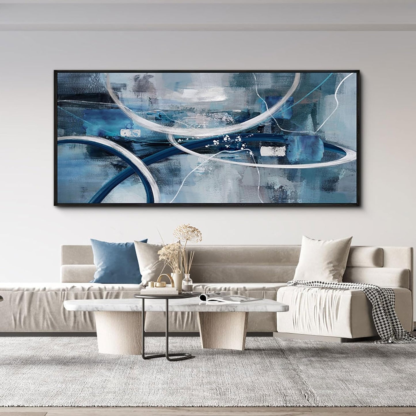 XLSJERST Large Abstract Canvas Wall Decor - Modern Living Room Wall Art Elegant Combination of Tones Black and White Gray Background Blue Gradient Picture