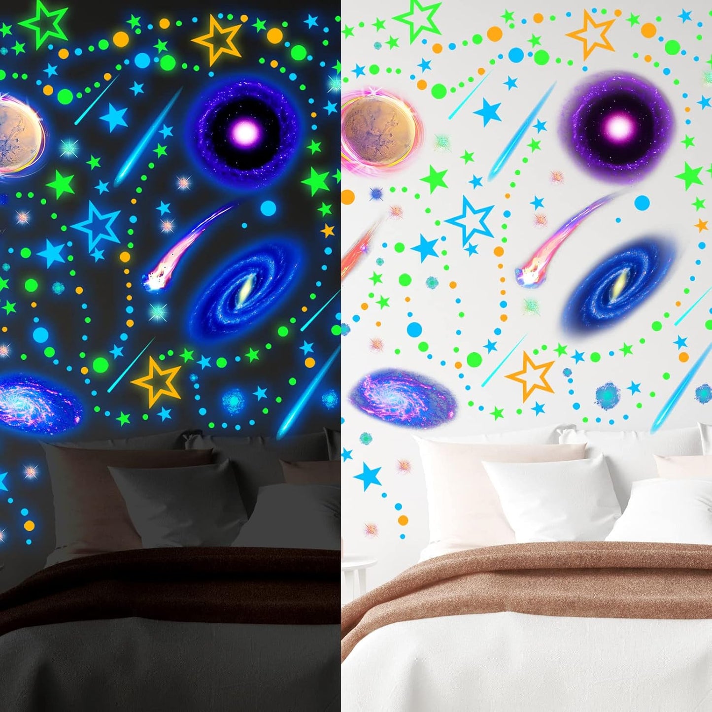 Spakon 495 Pcs Glow in The Dark Moons and Stars Wall Decals for Ceiling,Glowing Planets Wall Stickers Removable Galaxy Solar System Space Decal Nursery Stickers for Kids Bedroom Living Room Decor