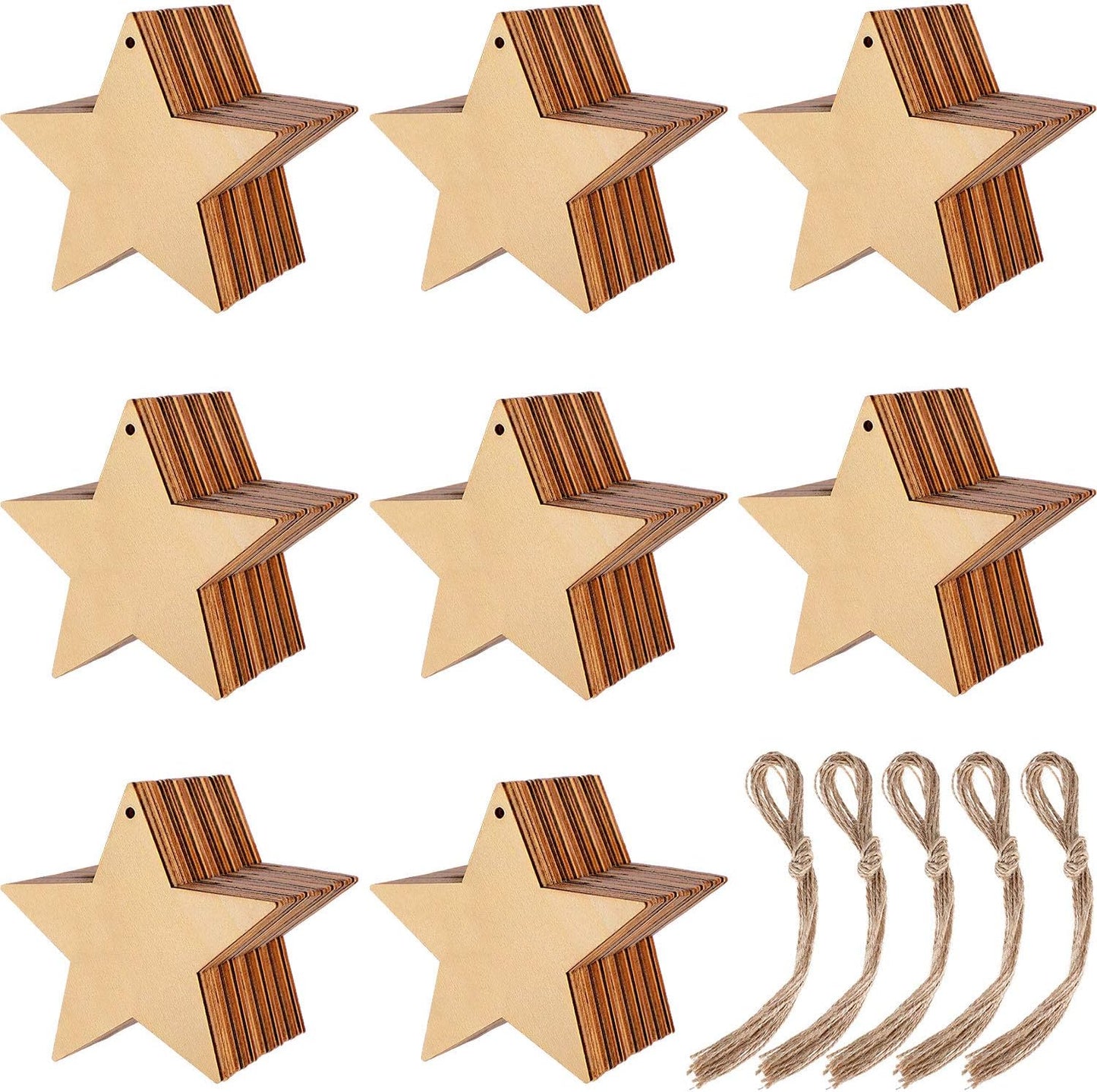 Blulu 100 Pieces Christmas Wooden Ornaments Star Round Wood Slices Wood Snowflake Angel Shape Christmas Tree Hanging Embellishments with 100 Pieces Cords (Style 2)