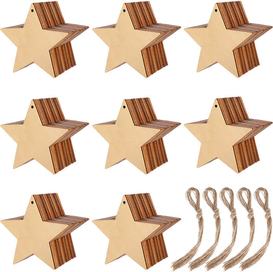Blulu 100 Pieces Christmas Wooden Ornaments Star Round Wood Slices Wood Snowflake Angel Shape Christmas Tree Hanging Embellishments with 100 Pieces Cords (Style 2)