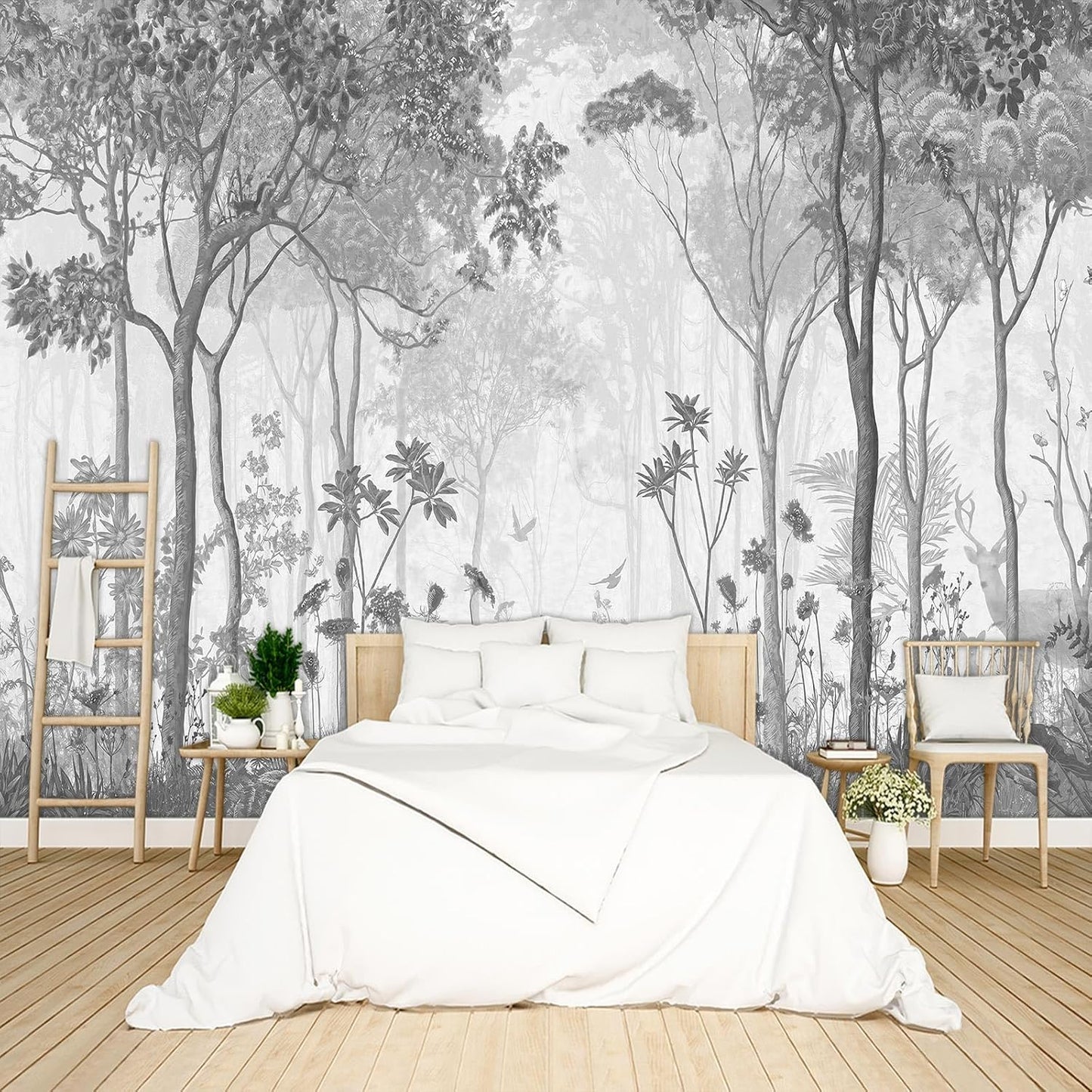 Grey Forest Wallpaper Woodland Peel and Stick Wall Mural for Bedroom Living Room - 85"x118"