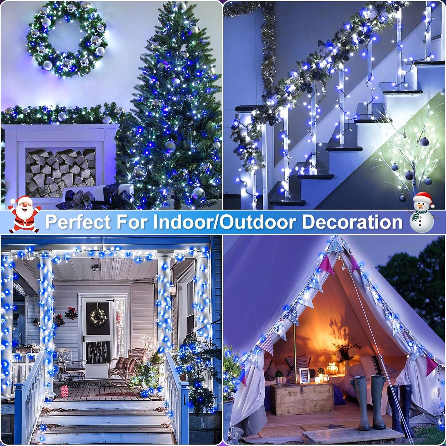 Christmas Lights Outdoor, 66FT 200 LED Christmas Tree Lights with 8 Modes Waterproof, Green Wire Plug in String Light for Indoor Patio Garden Xmas Party Wedding Holiday Decor, Blue White