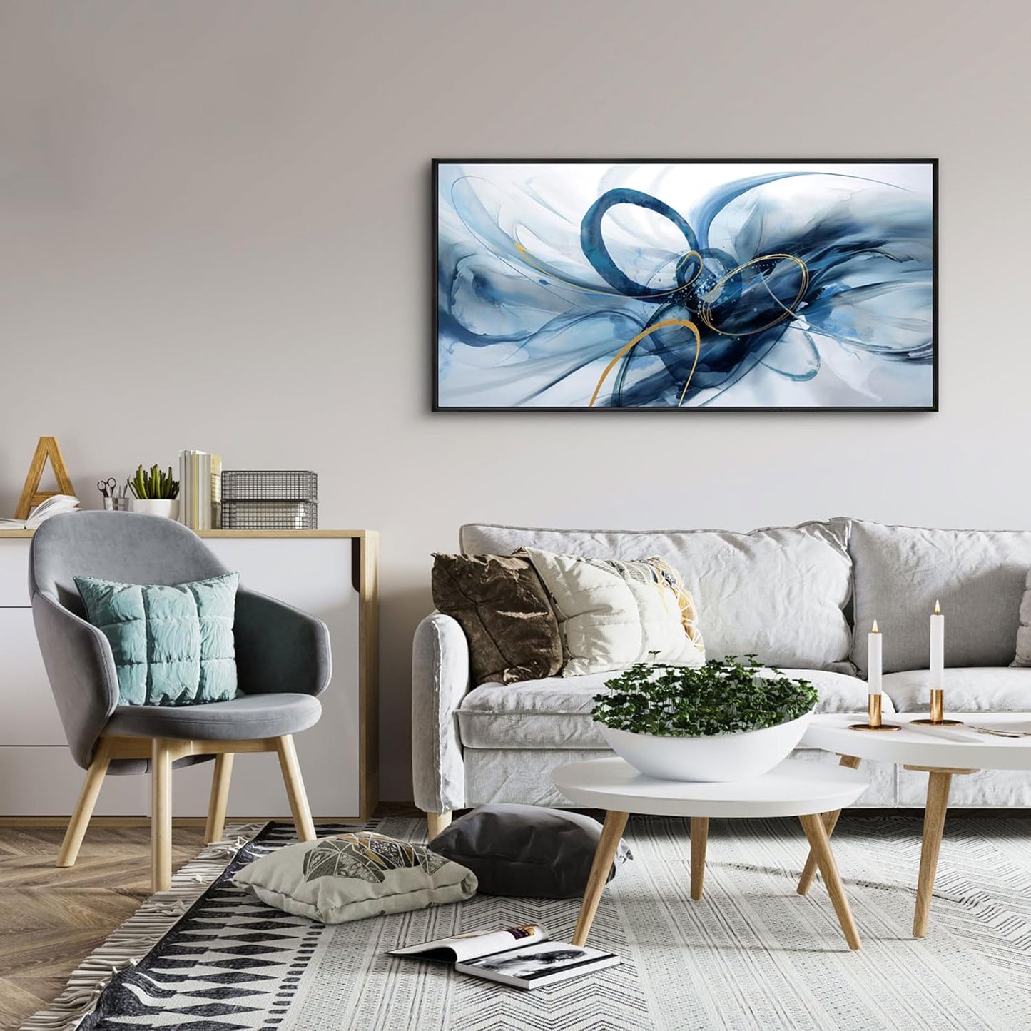 XLSJERST Frame Wall Art - Modern Abstract Canvas Wall Art Blue and White Picture Artwork for Office Bedroom Home Decoration