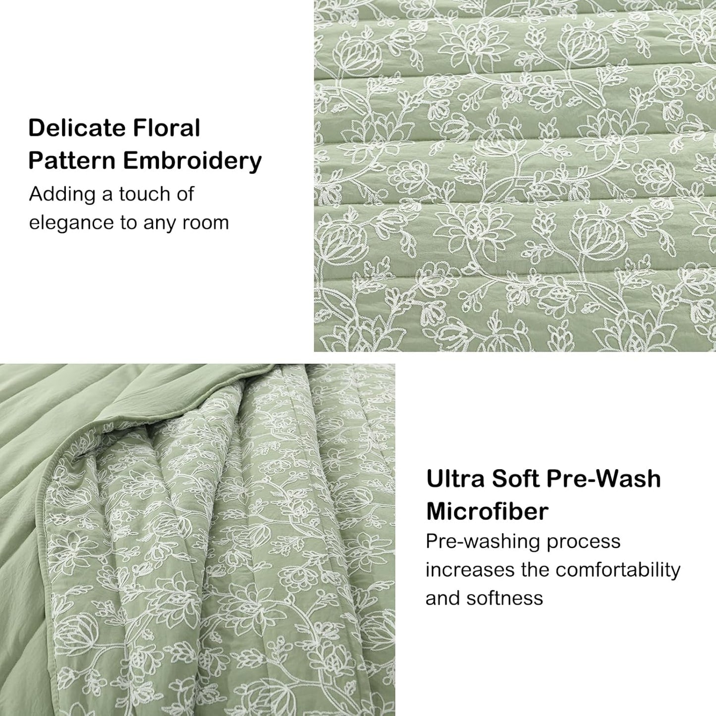 HORIMOTE HOME Floral Embroidery Quilt Queen Size, Sage Green Queen Quilt Bedding Set Soft Lightweight Bedspread Full Size Shabby Chic Farmhouse 3 Pieces Comforter Set for All Seasons