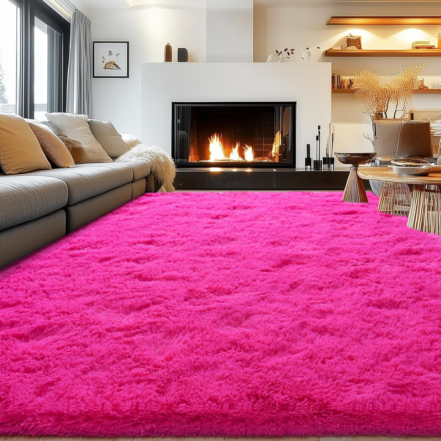 Rezutan Soft Fluffy Rug for Living Room Bedroom, Large Comfy Modern Shaggy Fuzzy Plush Indoor Nursery Classroom Home Decor Bedside Rug with Non-Slip Bottom, Hot Pink, 8 X 10 Feet