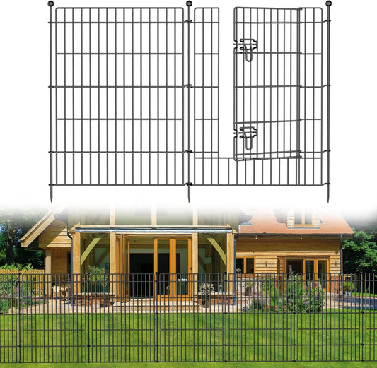 10 Panels No Dig Garden Fence with Gate, 44in(H) × 23.6ft(L) Decorative Metal Outdoor Dog Fence, Rustproof Pet Fencing for Yard, Patio, Flower Bed -Temporary Fencing| Easy to Install