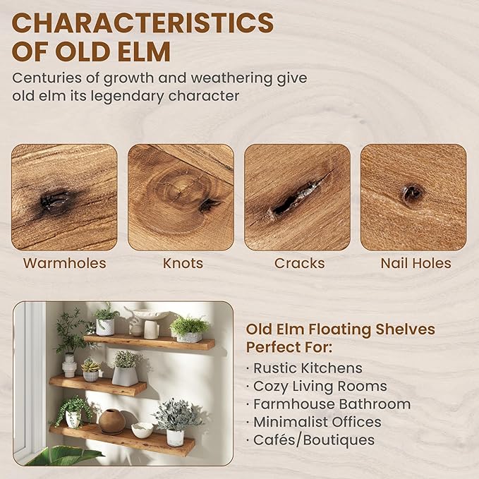 55" Floating Shelves, Live Edge Elm Wood Floating Shelf for Wall, Wall-Mounted Display Shelves with Invisible Heavy-Duty Bracket, Long Floating Shelf for Bathroom, Kitchen, Living Room, Natural Color