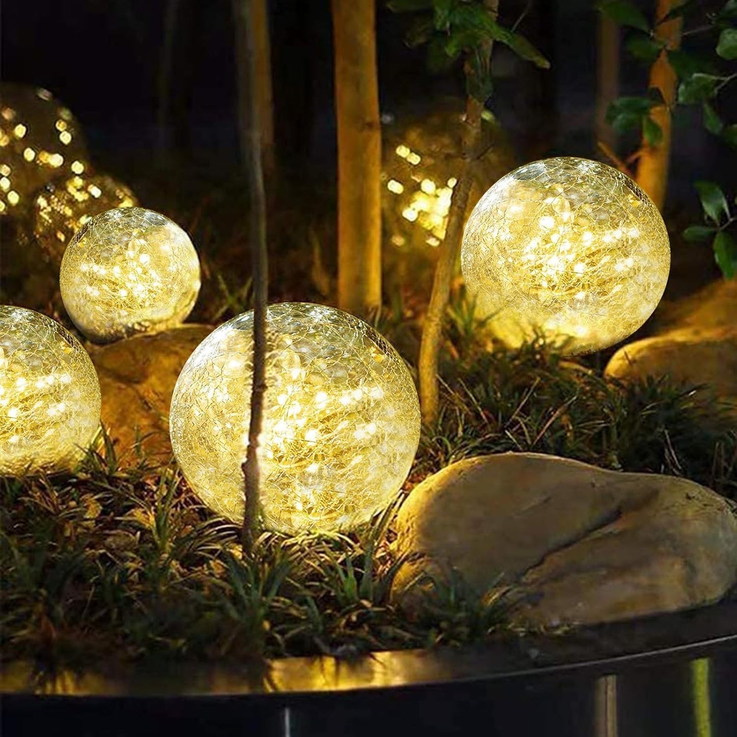 Solar Garden Lights Outdoor Waterproof, 6 Pack LEDs Cracked Glass Ball Light, Ground Landscape Garden Decor, Solar Globe Decorative for Pathway/Patio/Lawn/Yard (Warm White, 3.9")