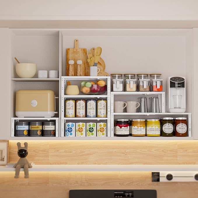 Expandable Spice Rack,Stackable Storage for Cabinet, Multi-Functional Kitchen Shelving,Height-Adjustable,Sustainable Organizer Solution(2Packs/White/Medium)