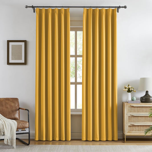 KangBang Gold Yellow Blackout Curtains for Bedroom 2 Panels, Light Blocking Pinch Pleat Vertical Drapes with Hooks for Flat/Apartment Office, Solid Privacy Assured Elegant Modern Decor,40x84 Inch