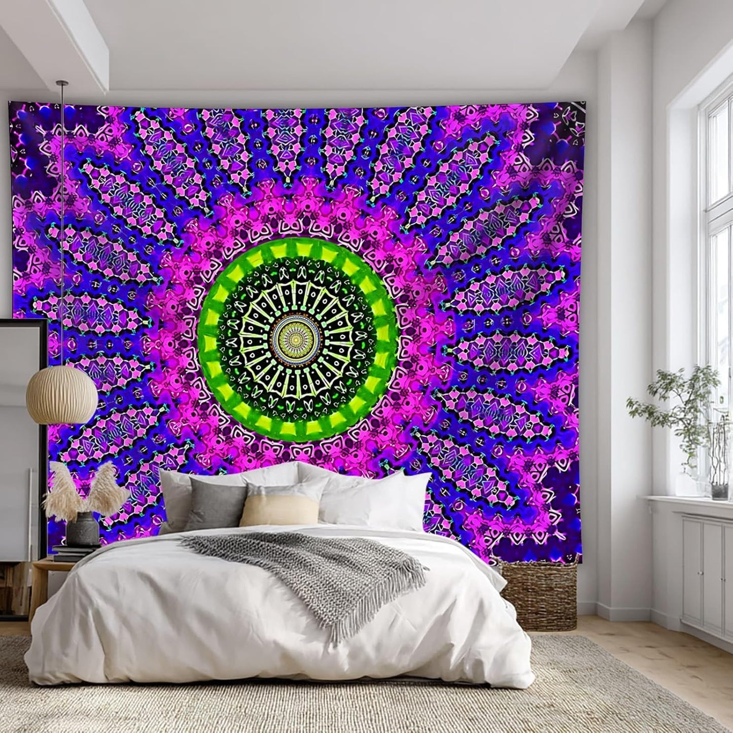 PSYHILAR Blacklight Mandala Tapestry for Bedroom, Large Black Light Posters for Adults and Teens, Red UV Reactive Aesthetic Bohemian Wall Art Decor (80 x 60 Inches)