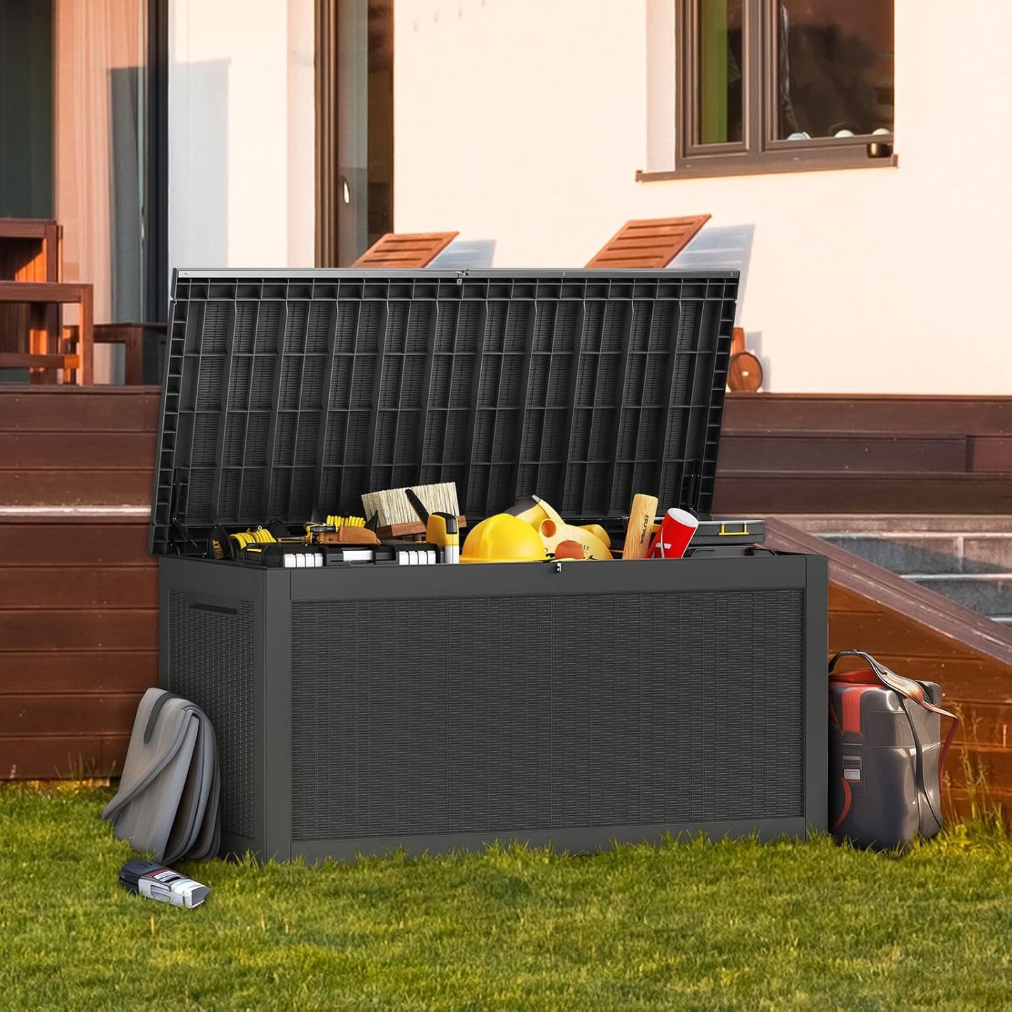 Vixzen 260 Gallon Resin Deck Box, Lockable Outdoor Storage Box for Patio Cushions Storage Furniture,Garden Tools, Pool Supplies, Weatherproof and UV Resistant- Black