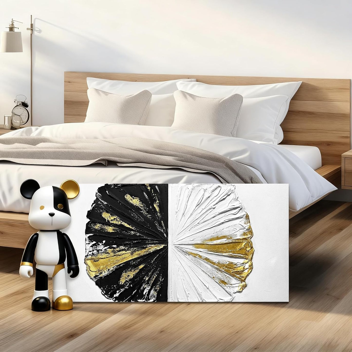 Abstract Wall Art for Living Room Black White and Gold Pictures Wall Decor for Office Circles Painting Wall Art for Bedroom Size 20 x 40 Inch