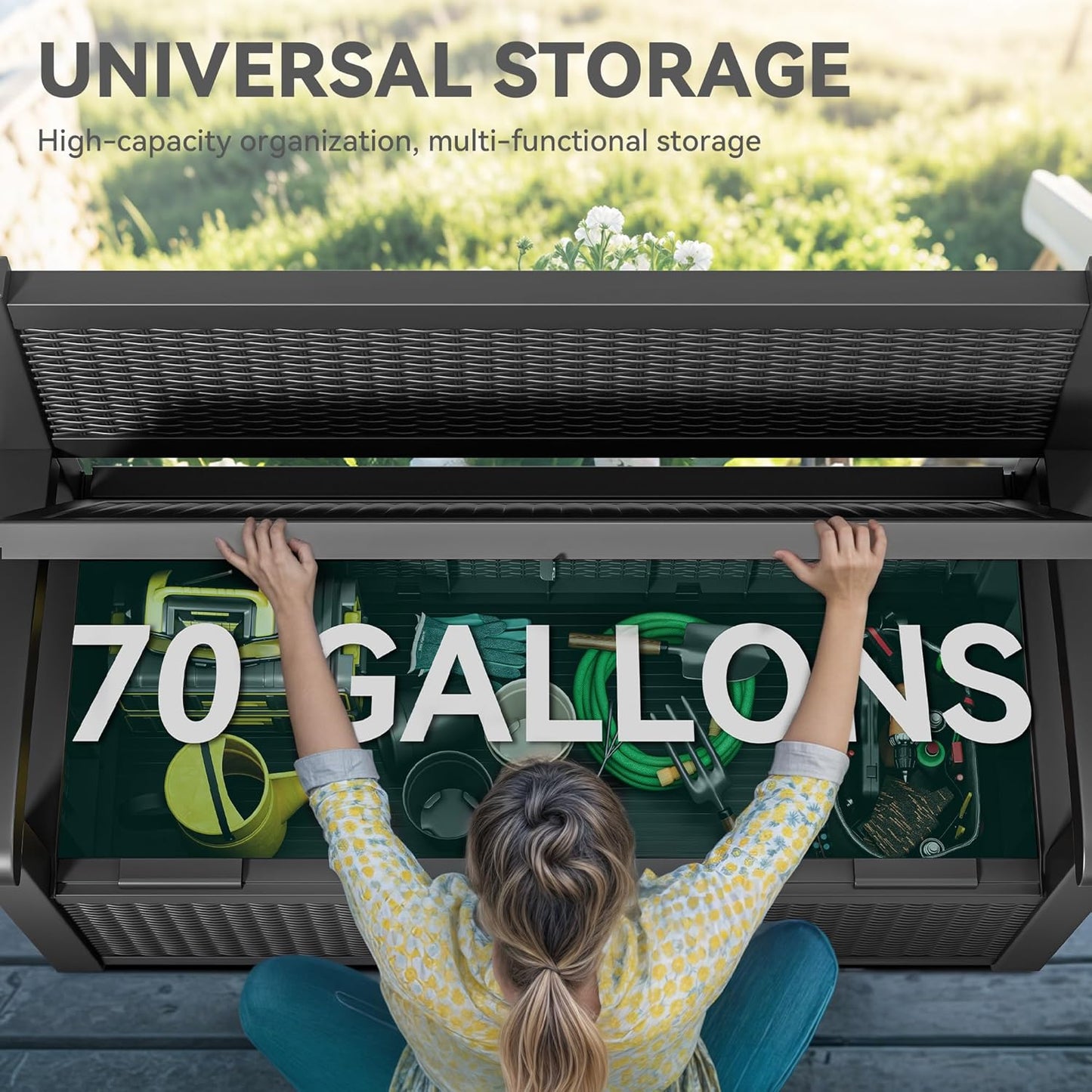 YITAHOME 70 Gallon Deck Bench with Storage, Outdoor Storage Box Bench with Armrests for Patio Garden Pool Porch, Waterproof&Lockable, Black