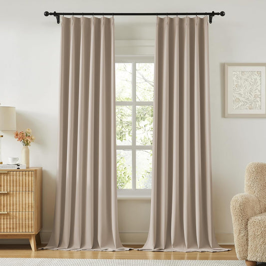 KangBang Khaki Curtains 102 Inches Long for Living Room-Pinch Pleated Blackout Solid Thermal Insulated Window Treatment Room Darkening Drapes for Apartment Hotel with Hooks(40”Wx102”L, Taupe,2 Panels)