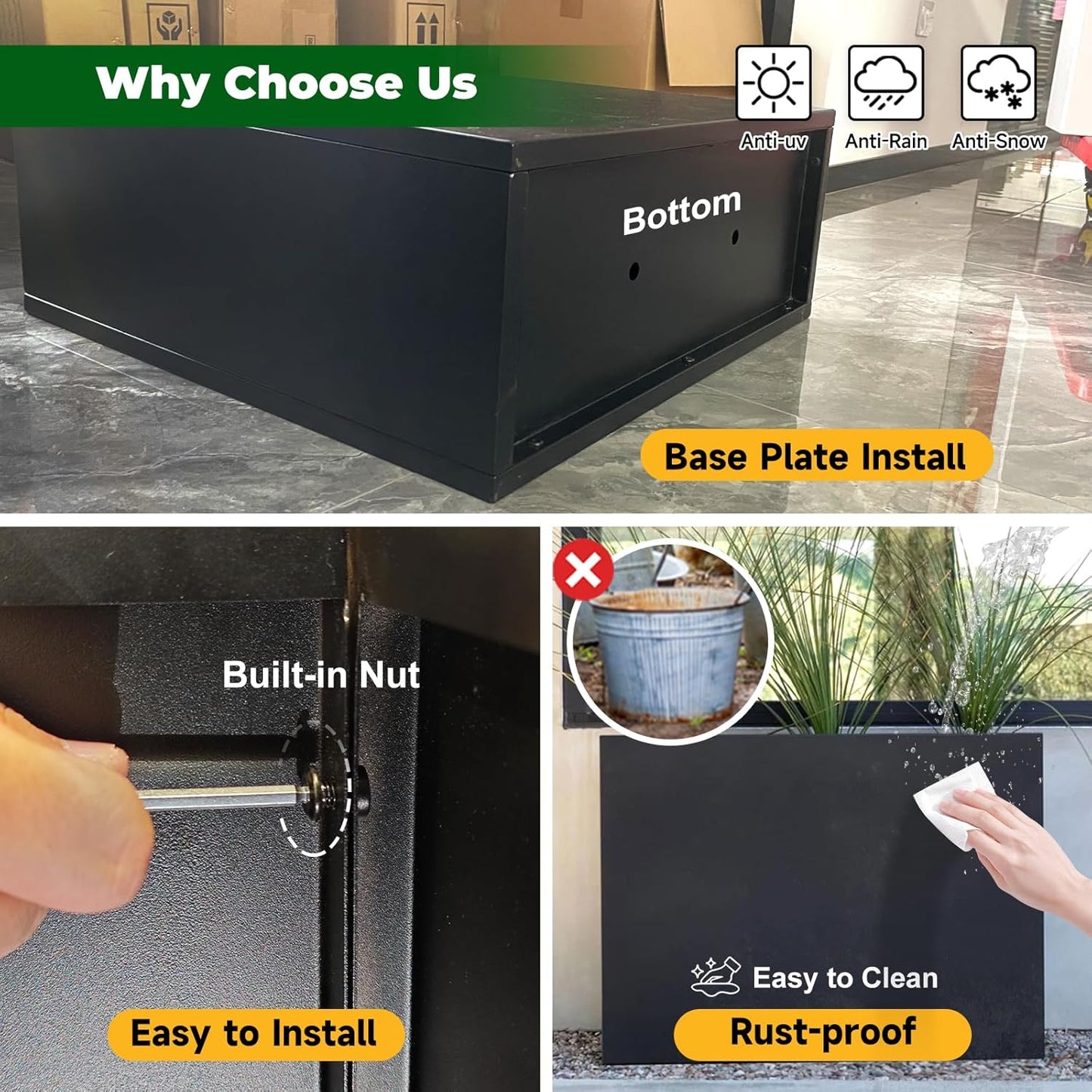 Black Steel Metallic Heavy Planter for Outdoor Plants 24"x10"x24" Metal Garden Planter Spliced Flower Pot with Partitions for Outside,Indoor,Garden (Black, 24 * 10 * 24)