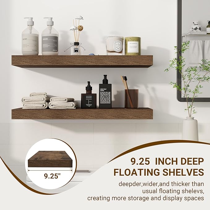 24 Inch Floating Shelves, 24"x9.25"x1.5" Inch Deep Floating Shelves for Wall, Wooden Shelves for Bathroom, Bedroom, Living Room, Brown