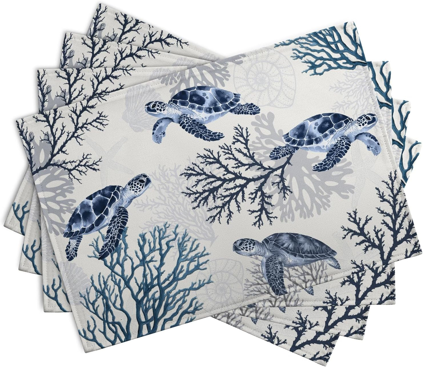 Coastal Beach Placemats Set of 4 Nautical Theme Coral Sea Turtle Navy Blue Place Mat 12x18 Inch Seasonal Summer Ocean Washable Linen Fabric Table Mats for Party Kitchen Dining Decoration