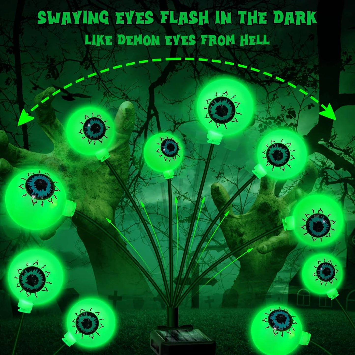 Solar Halloween Decorations, 4 Pack 24 LED Spooky Eyeball Lights, Outdoor Waterproof Solar Green Firefly Lights for Garden Yard Patio Pathway Lawn Halloween Party