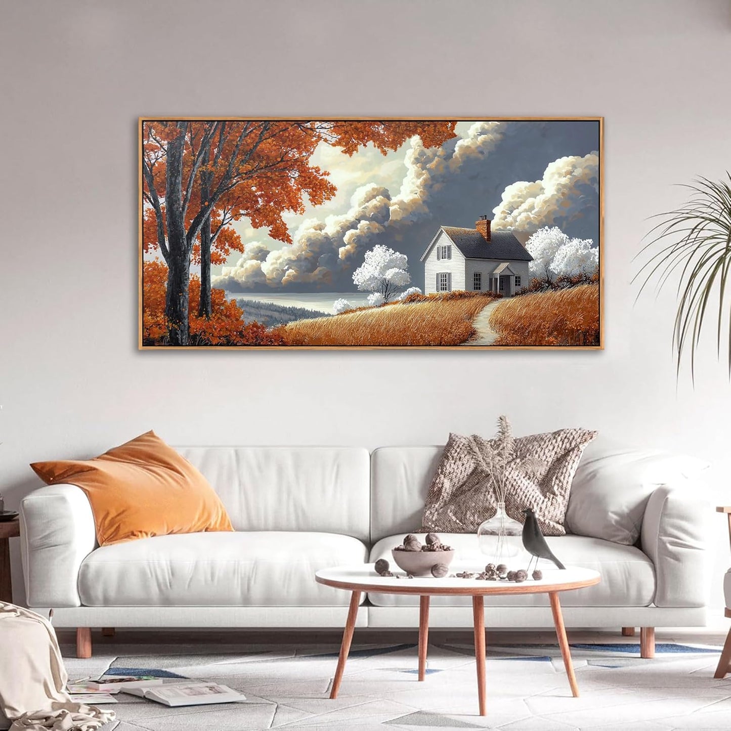 QZQCBLC Farmhouse Wall Art, White Clouds Orange Trees Landscape Pictures Rustic Cabin Painting Framed Artwork for Living room Bedroom Bathroom Home Office Decor 20x40 IN
