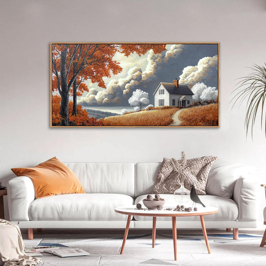 QZQCBLC Farmhouse Wall Art, White Clouds Orange Trees Landscape Pictures Rustic Cabin Painting Framed Artwork for Living room Bedroom Bathroom Home Office Decor 20x40 IN