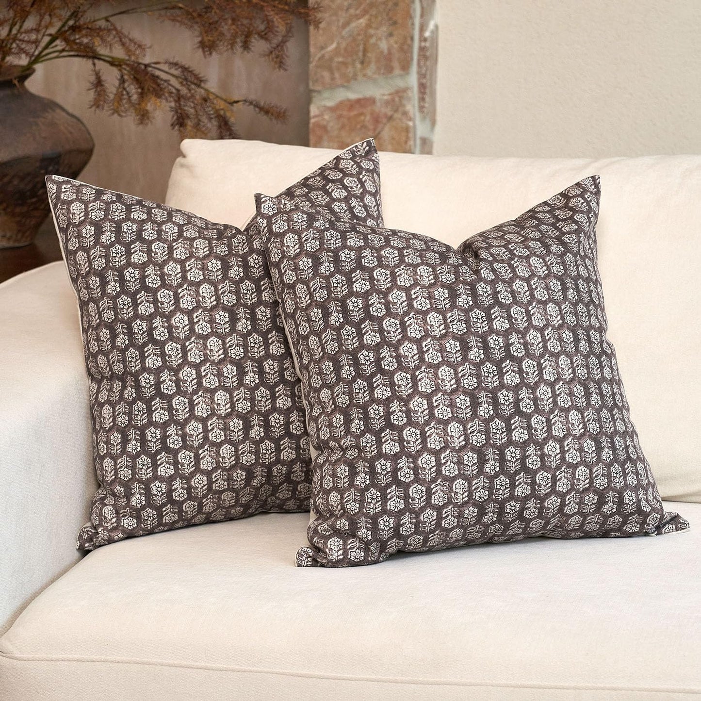 DOMVITUS Floral Pillow Covers Set of 2, 24x24 Pillow Covers, Floral Print Neutral Accent Decorative Pillow Covers for Living Room, Bed, Dark Brown