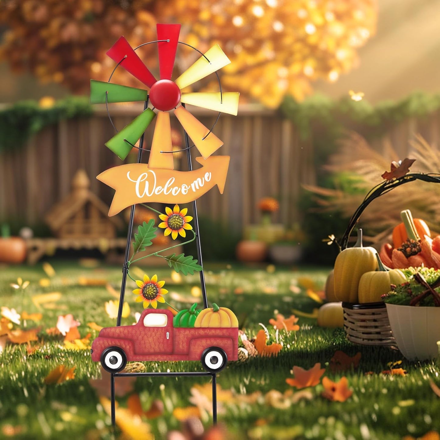 TERESA'S COLLECTIONS Fall Decor for Outdoor Home, Metal Pumpkin Fall Decorations Wind Spinner Yard Stakes Welcome Sign for Thanksgiving Decorations, Rustic Autumn Sunflower Decor for Lawn Patio, 26"